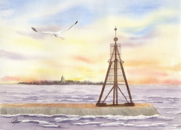 Poster DIN-A4 Aquarell Maritim Kunst Druck Kunstdruck Nordsee Cuxhaven Insel Neuwerk Möwe Watt Meer Bake